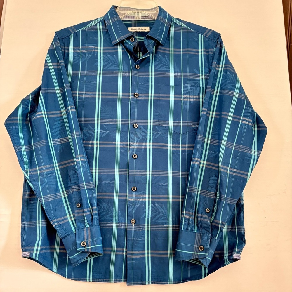 Tommy Bahama Mens Blue‎ Plaid Tropical Leaf Jacquard Cotton Silk Shirt Medium